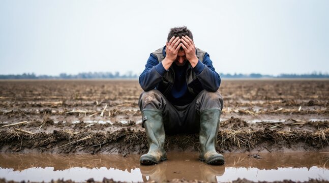 Farmer sits in mud field head in hands. Worn farmer overalls, rubber boots show toil. Bad crop season brings worry. Desperate man contemplates future failure, financial ruin. Empty land loss.
