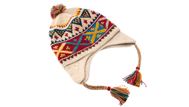 Cozy winter knitted beanie hat with fluffy ear flaps pattern isolated on transparent background cut out