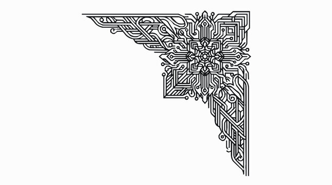 Abstract circuit corner border design featuring a technical ornament, futuristic fractal pattern, and digital technology line art decoration