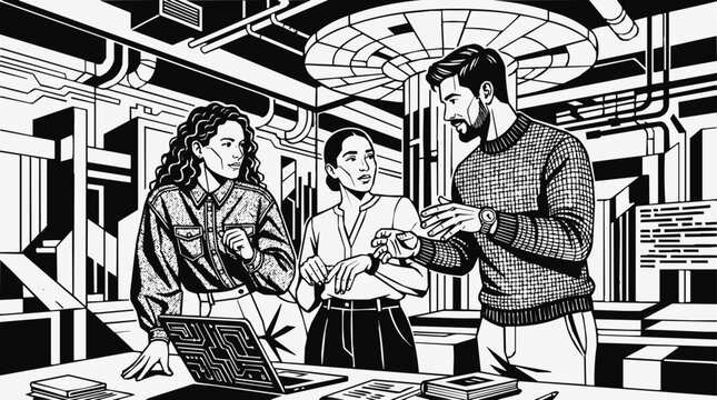 Tech team collaboration in a futuristic server room and data center, modern vector illustration of professionals working together