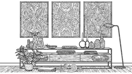 Fototapeta premium Hand-drawn interior sketch of a living room with geometric wall art and wooden furniture on a sideboard with indoor plants and decor