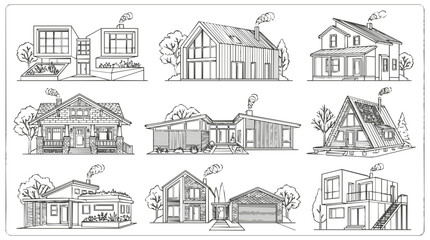 Obraz premium Design - Collection of diverse house architecture sketch designs showing various modern and traditional exterior styles for residential building