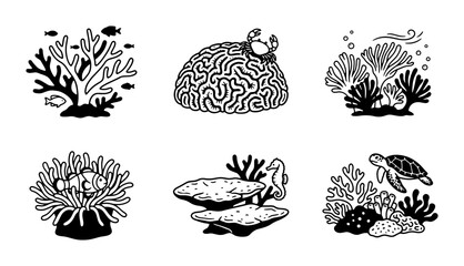 Underwater Coral Reef Icons, Marine Life Vector Set, Ocean Ecosystem Illustrations © Nafisa