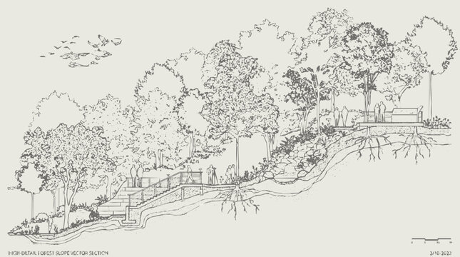 Detailed architectural section of a landscape design for a forest slope featuring a park walkway and line art illustration of people and nature