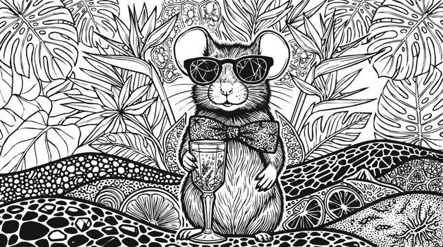 Rat - Intricate mouse wearing sunglasses in a tropical jungle paradise holding a cocktail, black and white coloring page for adults