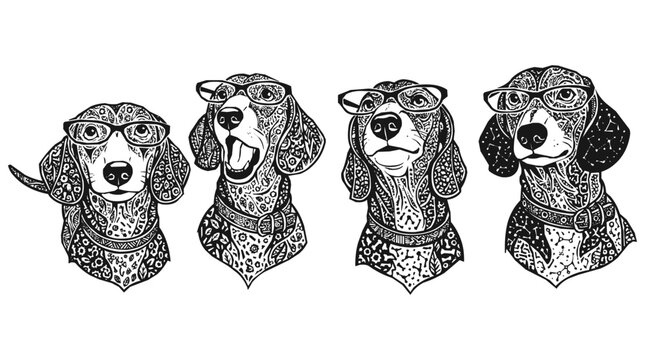 Set of four stylized dachshund dog illustrations wearing glasses, featuring intricate pattern and zentangle designs for a unique artistic look.