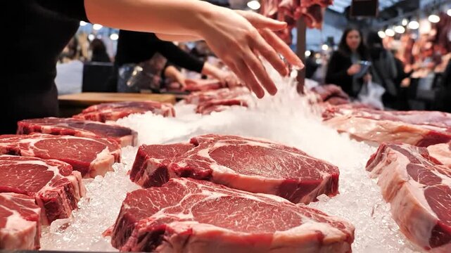Butcher picking up a fresh raw ribeye steak from a display of meat on ice in a busy indoor market