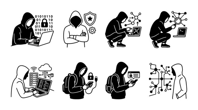 Cyber Security Icons, Hacker Set, Digital Crime, Data Breach, Network Protection, Vector Graphics