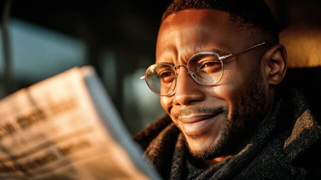 Black African man smiling while reading a newspaper, capturing a positive everyday moment of staying informed, learning, and enjoying daily life.