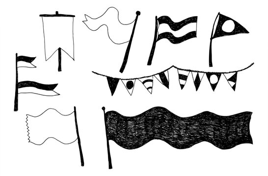 Vector set of black hand drawn Flags symbols collection illustration design elements