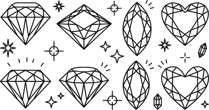 Diamond and precious gemstone line icon set featuring brilliant cut marquise heart crystal shapes and retro sparkle stars