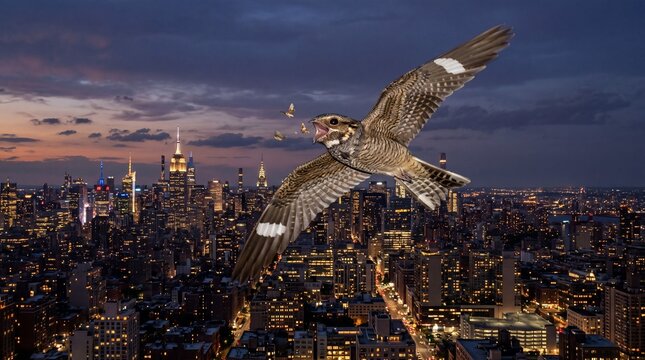 Common nighthawk flying over illuminated city skyline at night
