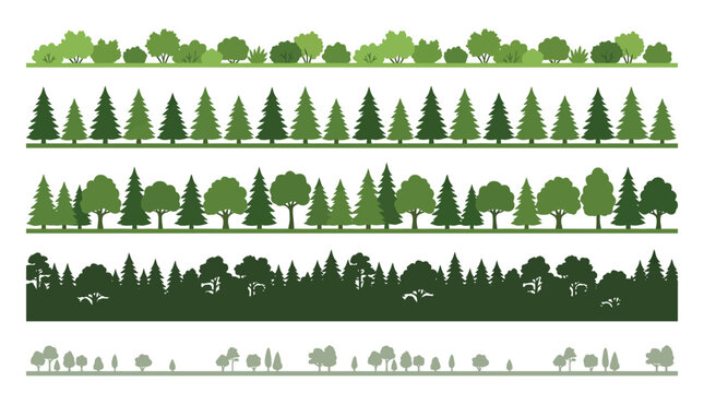 Green forest tree line silhouettes, flat vector tree borders and dividers, evergreen pine and deciduous woodland landscape elements for graphic design