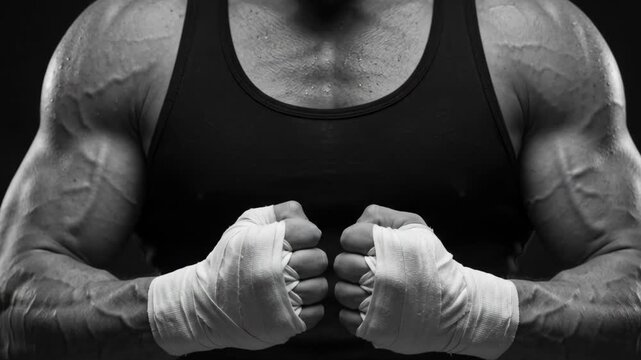 Strong boxer with taped hands: athlete in a black tank top preparing for a fight. Black and white portrait of a muscular fighter in the studio.