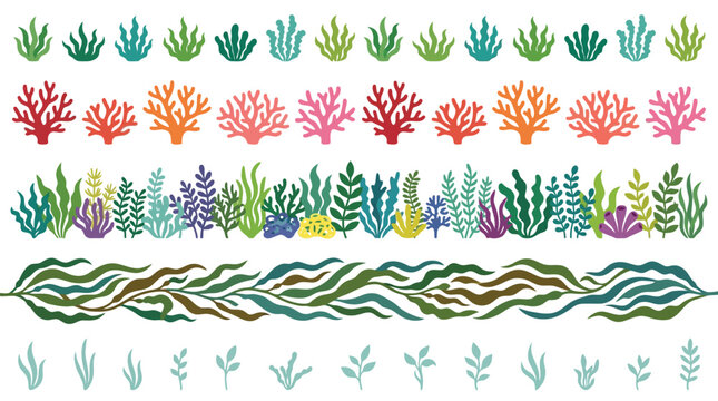 Underwater seaweed and coral vector borders, colorful marine plant life collection, aquatic botanical elements for ocean themed design