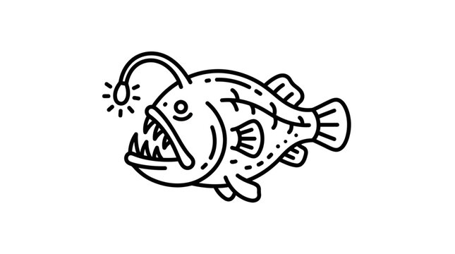 Deep sea anglerfish line art illustration with lure.