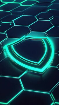 A bright blue shield logo appears on a dark hexagonal pattern. This shows a digital design with glowing lines that stand out at night in a virtual setting