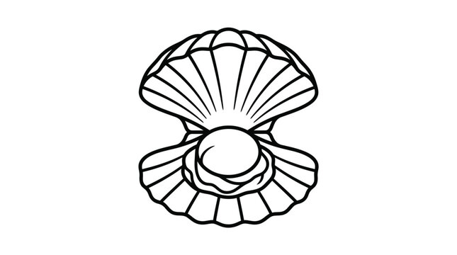 Minimalist line art of an open scallop shell with pearl.