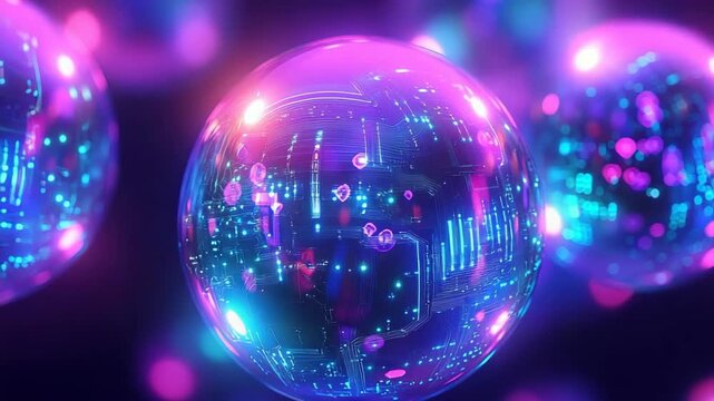 Bubbles move slowly in a dark space filled with colorful lights. The bubbles show digital patterns inside them, creating a vibrant effect. Light reflects off the surfaces