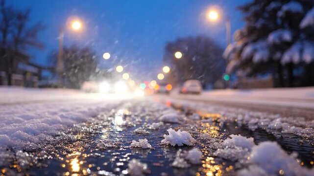 Car driving on a snowy wet asphalt road during winter twilight with city street lights reflecting in the slush