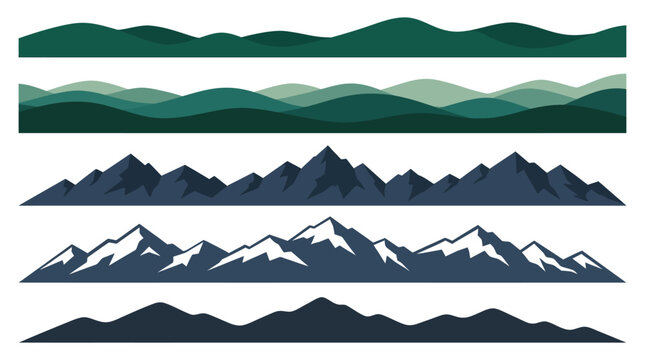 Minimalist mountain silhouette borders, flat vector landscape mountain ranges, green rolling hills and snowy peak dividers for outdoor design