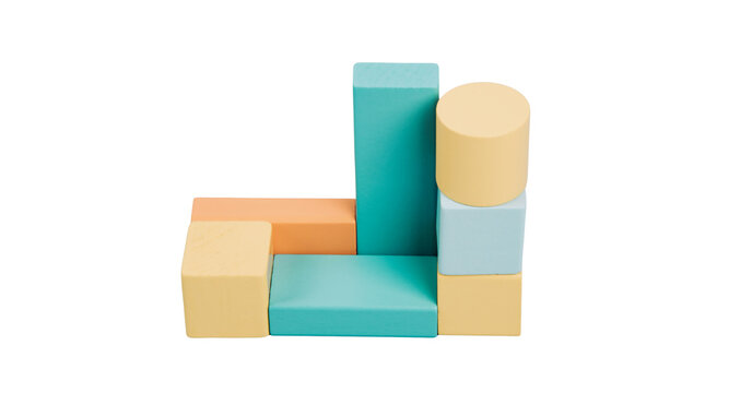 Colorful wooden toy building blocks for children play and construction games