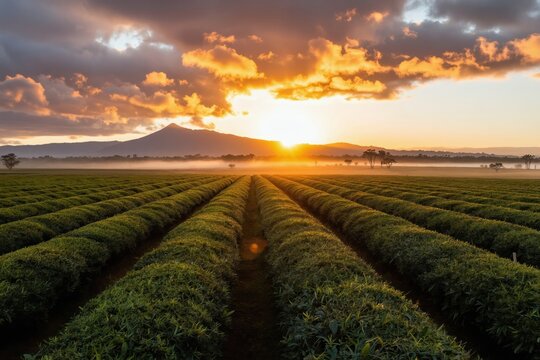 Rows of rooibos plants stretch towards mountains at sunrise. Golden sunbeams pierce low clouds, illuminating mist over green fields. Rural landscape awakens with soft morning light.