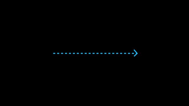 Right arrow direction icon with blue dashed arrow motion on white background. Clean corporate direction animation 4k. Dotted line arrows icon sign animated with alpha channel.4k motion graphics video