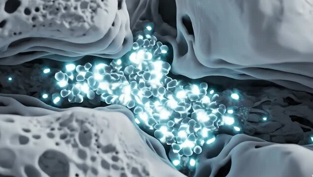 Inside a healing human bone fracture, glowing repair cells gathering around cracked bone structures