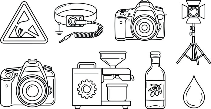 Industrial olive oil production line icon set featuring photography camera studio lighting equipment bottle drop and press machine