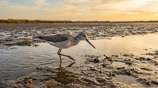 Common Greenshank wading on mudflat during sunset