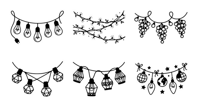 Hand-Drawn String Lights Collection, Decorative Garland Elements, Festive Illumination Icons, Party Decor Vector Set