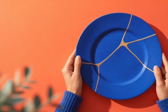 Kintsugi style blue plate held in hands on orange background with visible repair lines