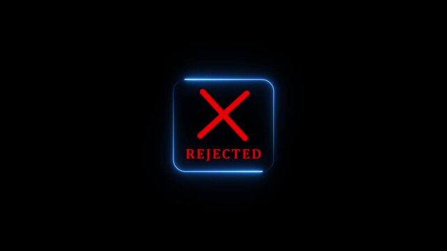 Business professional glowing neon rejecting digital cross interface, online workflow failure, rejected approval process concept, corporate error management and compliance issue system.4k motion