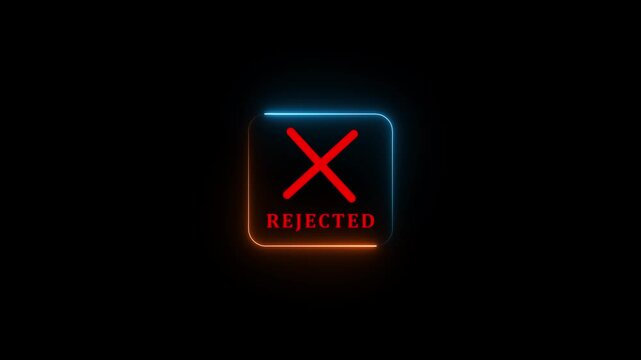 Business professional glowing neon rejecting digital cross interface, online workflow failure, rejected approval process concept, corporate error management and compliance issue system.4k motion