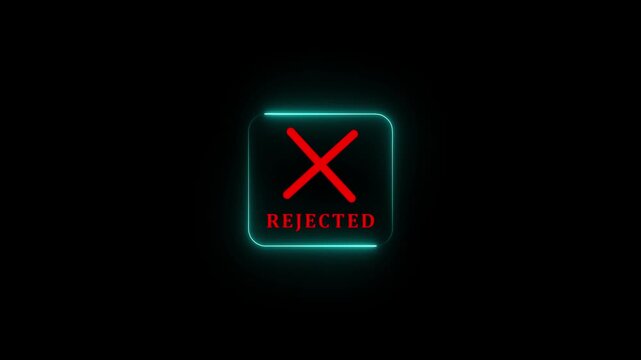 Business professional glowing neon rejecting digital cross interface, online workflow failure, rejected approval process concept, corporate error management and compliance issue system.4k motion