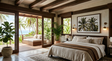 Fototapeta premium Luxury tropical bedroom suite overlooking the ocean
