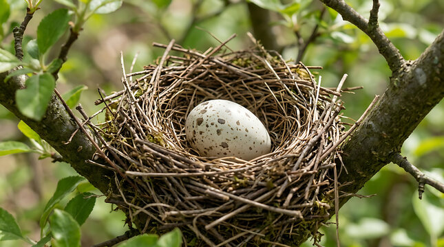 Bird nest with egg on tree branch illustration