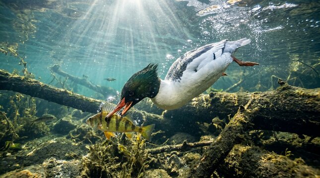 Male common merganser diving underwater catching fish in clear lake