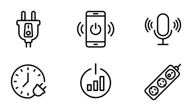 Power Icons Set: Plug, Phone, Microphone, Timer, Signal, Socket Strip, Vector Graphics