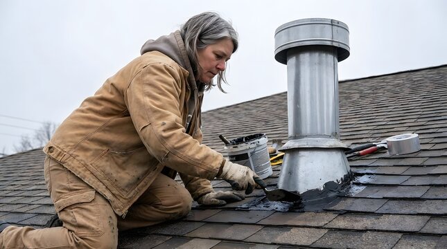 Woman contractor repairing a leaky roof chimney with black sealant under an overcast sky on shingles