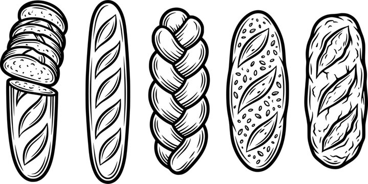 Black and White Artisan Bread Illustrations Collection Featuring Baguette, Braided Loaf, Seeded Bread, and Bakery Clipart Elements