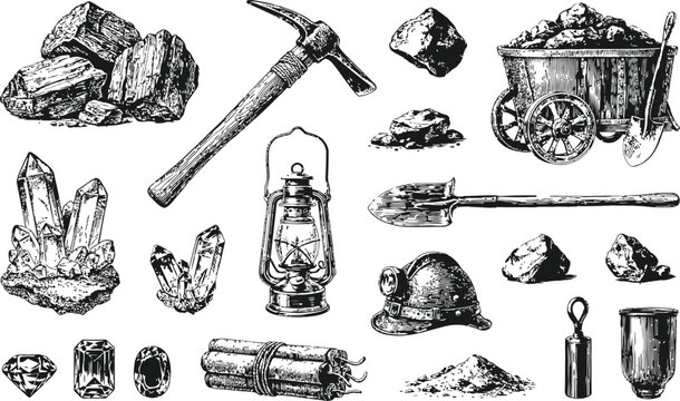 Coal mining vintage sketch collection with tools and equipment in hand drawn etching style.