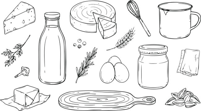 Dairy and baking ingredients hand drawn sketches with milk bottle cheese eggs butter and jar.