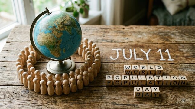 World population day concept with globe and wooden figures