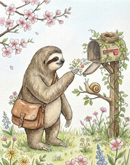 Obraz premium Friendly sloth mailman putting flower letter in wooden mailbox with snail watching watercolor