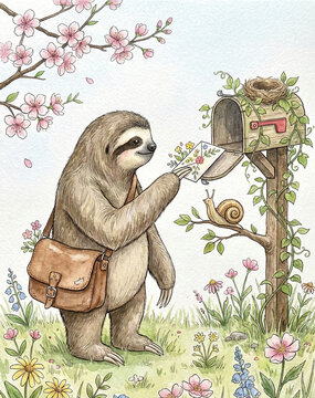 Friendly sloth mailman putting flower letter in wooden mailbox with snail watching watercolor