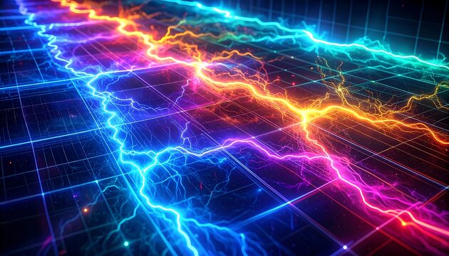 Colorful, glowing lightning bolts diagonally cross a dark grid pattern, creating a vivid, dynamic electric effect
