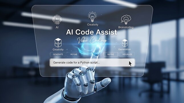 Robotic finger interacting with a transparent digital interface for ai code assistance in a modern office environment with blurred background