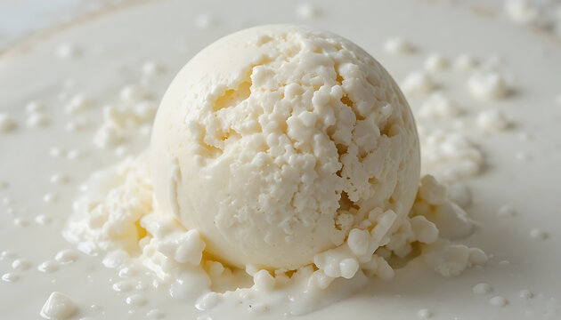 Closeup view of cottage cheese scoop surrounded by creamy liquid and small curds highlighting detailed texture